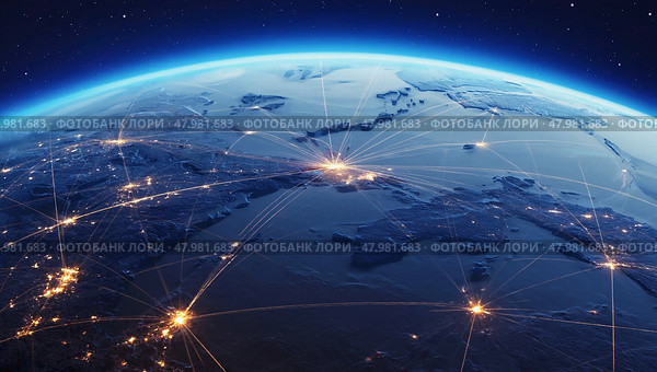 Part of the planet Earth is a view from space. The spread of the Internet throughout the earth. Стоковое AI-изображение, AI-художник Антон Слабоспицкий / Фотобанк Лори