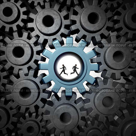 Partnership problem concept and diametricaly opposed vision as a business confrontation or personal separation as a businessman and businesswoman running in a gear in opposite directions with 3D illustration elements. Стоковое фото, агентство Ingram Publishing / Фотобанк Лори