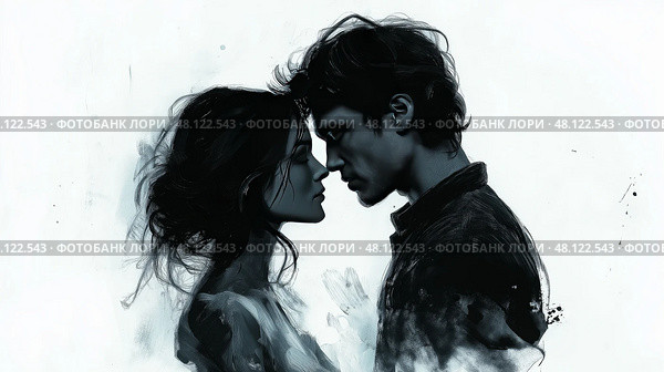 Passionate embrace between two figures in a monochromatic art piece. Страстное объятие двух фигур в монохроматической картине. Стоковое AI-изображение, AI-художник Katsiaryna Repich / Фотобанк Лори