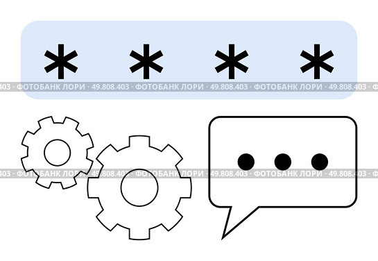 Password with asterisks, three gears, and a speech bubble with ellipsis indicate security measures, technology, and communication. Ideal for cybersecurity, tech support, user interface design. Password Security and Communication Concept with Gears and Dialogue Bubble. Стоковая иллюстрация, агентство Ingram Publishing / Фотобанк Лори