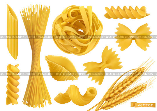 Pasta 3d realistic vector objects set. Penne, fusilli, farfalle, tagliatelle, fettuccine, spaghetti, cavatappi, conchiglie shells and wheat. Food illustration. Стоковая иллюстрация, агентство Ingram Publishing / Фотобанк Лори