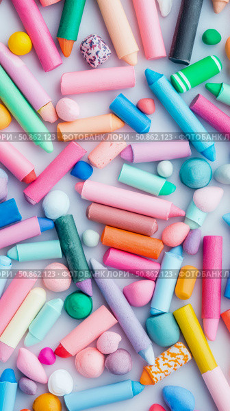 Pastel Palette: An Assortment of Soft-Hued Chalks and Candies, a Playful Still Life Composition. Стоковое AI-изображение, AI-художник Данила Большаков / Фотобанк Лори