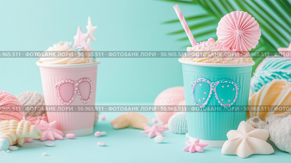 Pastel-themed Summer Refreshments with Meringue Sweets and Tropical Palm Element, Ideal for Seasonal Event Promotion, Card, Poster. Стоковое AI-изображение, AI-художник Данила Большаков / Фотобанк Лори