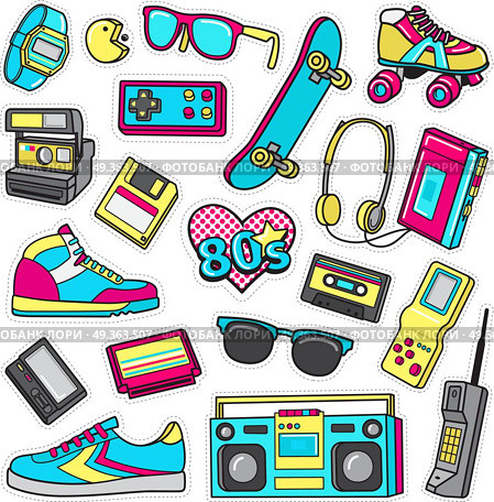 Patch Icons of 80 s. On White Limited Background.. Boys accessories. Patch icons of shoes, sunglasses, headphones, joystick, cassette, cellular phone, player, flexible disc, polaroid, roller skates isolated on white. Teen s games of 80 s Vector. Стоковая иллюстрация, агентство Ingram Publishing / Фотобанк Лори