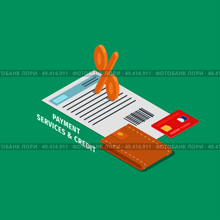 Payment and credit services banner. Percent sign on paper sheet with contract and wallet with credit card isometric projection vectors. Business attributes 3d illustration for financial concepts. Стоковая иллюстрация, агентство Ingram Publishing / Фотобанк Лори