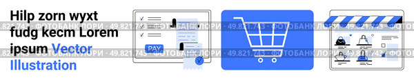 Payment page with card input details, shopping cart icon, online storefront with bag icons and user profiles. Ideal for e-commerce, digital transactions, web design, online stores, mobile apps. Online shopping process from payment page through cart to storefront interface for digital commerce. Стоковая иллюстрация, агентство Ingram Publishing / Фотобанк Лори