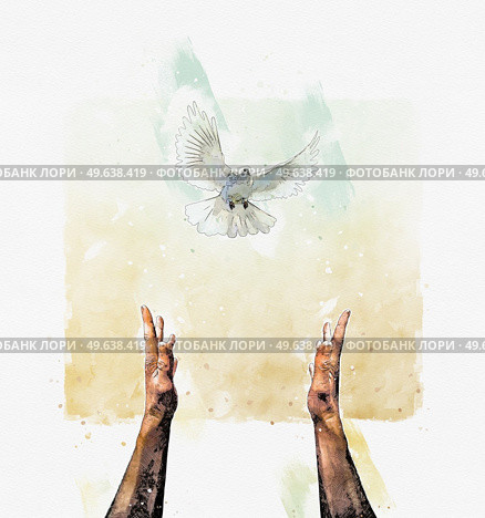 Peace conceptual painting with human hands stretched up towards a flying white pigeon. Stop war, harmony and pacification concept. Стоковое фото, агентство Ingram Publishing / Фотобанк Лори