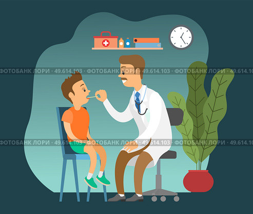 Pediatrician looks at the throat of a small boy with a special device heals the larynx of a child. Doctor examines ill kid in hospital. Cartoon male character physician works at clinic heals children. Pediatrician looks at the throat of a small boy with a special device heals the larynx of a child. Стоковая иллюстрация, агентство Ingram Publishing / Фотобанк Лори