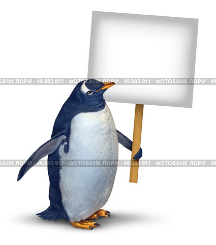 Penguin holding a blank card sign as a cute polar bird with a smiling happy expression supporting and communicating a message pertaining to animal welfare and wildlife on an isolated white background. Стоковое фото, агентство Ingram Publishing / Фотобанк Лори