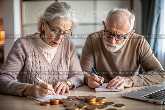 Pension. Saving money. Savings. An elderly couple calculates their savings. Financial literacy. Стоковое AI-изображение, AI-художник Photojuli / Фотобанк Лори