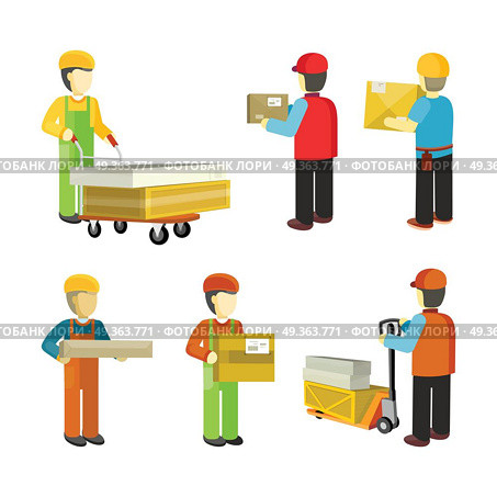 Peope Workers in Warehouse Interior Isoated.. Peope in warehouse interior isoated. Delivery man, logistician, loader, carrier, shipping receiving material handler, selector, warehouse inventory support. Day or night warehouse worker. Vector. Стоковая иллюстрация, агентство Ingram Publishing / Фотобанк Лори