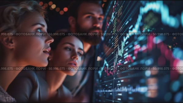 People analyzing data on a digital display during an evening gathering in a modern space. Стоковое AI-видео, аниматор Сергей Толмачёв / Фотобанк Лори