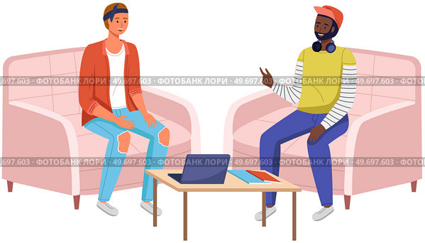 People at interview for radio broadcast. Two men recording podcast. Conversation in studio. Man host listening to guy guest answering. Interviewer and interviewee talking, sitting in armchairs. People at interview for radio broadcast. Two men recording podcast. Conversation in studio. Стоковая иллюстрация, агентство Ingram Publishing / Фотобанк Лори