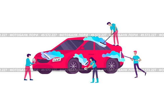 People cartoon characters cleaning vehicle with special equipment. Car wash service, automatic carwash concept. Vector flat style illustration. People cartoon characters cleaning vehicle with special equipment. Car wash service, automatic carwash concept. Vector flat style. Стоковая иллюстрация, агентство Ingram Publishing / Фотобанк Лори