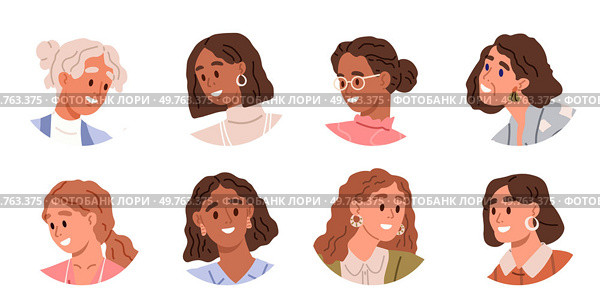 People faces vector illustration. The concept peoples faces encompasses diverse appearances and expressions individuals Appearance plays significant role in shaping peoples identities and interactions. People faces. Avatars are digital representations peoples appearances and personalities. Стоковая иллюстрация, агентство Ingram Publishing / Фотобанк Лори