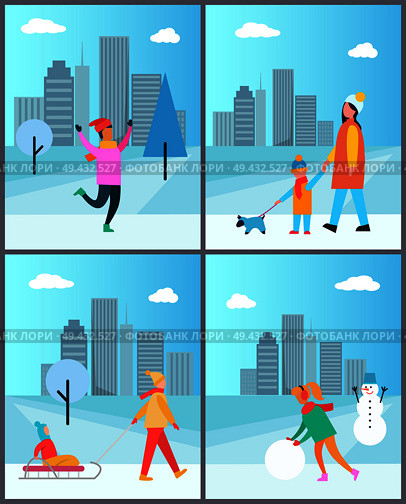People halving fun outdoors, mother carrying child on sleigh, family spending time together, walking with dog, winter holidays near skyscrapers vector. People Halving Fun Outdoors, Mother Carrying Child. Стоковая иллюстрация, агентство Ingram Publishing / Фотобанк Лори