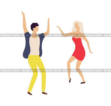 People leading active night life vector, man and woman dancing in club isolated. Couple having fun flat style, dancers jumping and moving in rhythm. Couple Dancing in Club, Partying Man and Woman. Стоковая иллюстрация, агентство Ingram Publishing / Фотобанк Лори