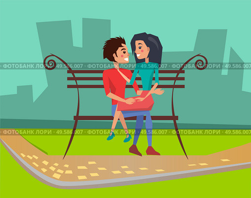 People on date vector, boyfriend and girlfriend cuddling and hugging. Man and woman sitting on bench, date of pair. Couple in love in city cityscape. Romantic Couple, Boyfriend and Girlfriend in Love. Стоковая иллюстрация, агентство Ingram Publishing / Фотобанк Лори