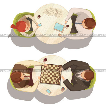 People Over Cup Of Coffee At Round Tables . People over cup of coffee at round tables playing checkers and talking top view flat cartoon vector illustration. Стоковая иллюстрация, агентство Ingram Publishing / Фотобанк Лори