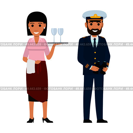 People professions vector characters. Waiter woman with glasses on tray and captain with binoculars cartoon personages isolated on white. Occupations flat illustration for labor day or job concepts. Professions People Cartoon Vector Characters. Стоковая иллюстрация, агентство Ingram Publishing / Фотобанк Лори