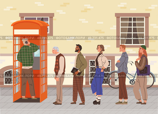 People queuing at red payphone city street. Diverse characters standing in queue side view. Vector illustration of multiracial group, girl, elder man and woman, student and businessman waiting in line. People queuing at payphone on city street. Diverse characters standing in queue, waiting in line. Стоковая иллюстрация, агентство Ingram Publishing / Фотобанк Лори