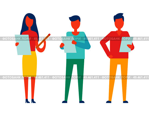 People reading and checking publications, educated workers correct articles written on paper, woman holding big pencil isolated on vector illustration. People Reading and Checking Vector Illustration. Стоковая иллюстрация, агентство Ingram Publishing / Фотобанк Лори