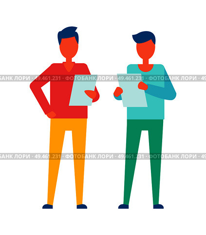 People reading publications, finding errors of articles, pages containing information about project relevant to mens interest vector illustration. People Reading Publications Vector Illustration. Стоковая иллюстрация, агентство Ingram Publishing / Фотобанк Лори