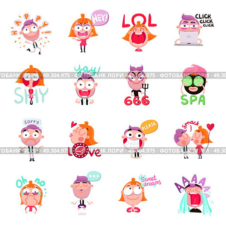 People Stickers Set. Funny people expressing various emotions with speech bubbles cartoon set isolated on white background vector illustration. Стоковая иллюстрация, агентство Ingram Publishing / Фотобанк Лори
