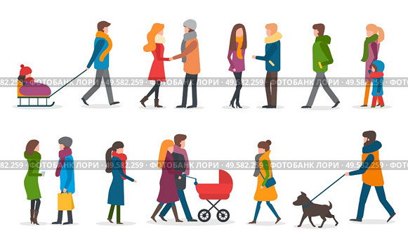 People wearing warm clothes in winter vector. Woman with kid sitting on sledges. Mother and father with perambulator and newborn baby. Friends talking holding bags. Male walking dog on leash. Winter Characters, Couples Woman and Man Vector. Стоковая иллюстрация, агентство Ingram Publishing / Фотобанк Лори