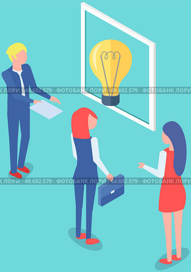 People work with technology and data. Colleagues communicating and discussing new startup. Employees work with idea, search for solution. Light bulb as symbol of new idea for business development. Colleagues communicating and discussing new startup. Employees work with idea, search for solution. Стоковая иллюстрация, агентство Ingram Publishing / Фотобанк Лори