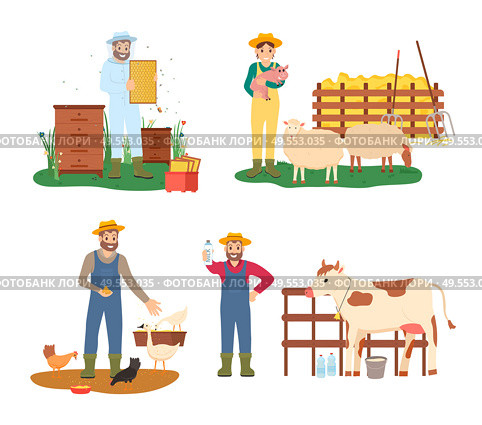 People working on farm vector, woman holding pin standing by sheep, beekeeper with bees making honey, man showing bottle of milk. cow and hens set. Farmers Working with Animals, Farming People Set. Стоковая иллюстрация, агентство Ingram Publishing / Фотобанк Лори