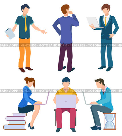 People working with tasks and challenges at work vector, man and woman businessman thinking. Assistant with clipboard lady with laptop deadline hourglass. Business Characters Set, Coders and Boss Leader. Стоковая иллюстрация, агентство Ingram Publishing / Фотобанк Лори