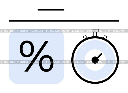 Percentage symbol inside light blue square, stopwatch with white face and black outline, horizontal line above. Ideal for finance, time management, efficiency, interest rates, deadlines, punctuality. Timely Interest Calculation Graphic Featuring Percentage Symbol and Stopwatch. Стоковая иллюстрация, агентство Ingram Publishing / Фотобанк Лори