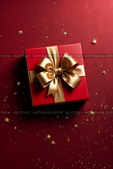 Perfect red Christmas present gift box with elegant gold bow ribbon on red background near stars. Greeting gift symbolize lovely holiday gifting. Birthday Christmas festive concept. Copy ad text space. Стоковое AI-изображение, AI-художник Aleksandr Golubev / Фотобанк Лори