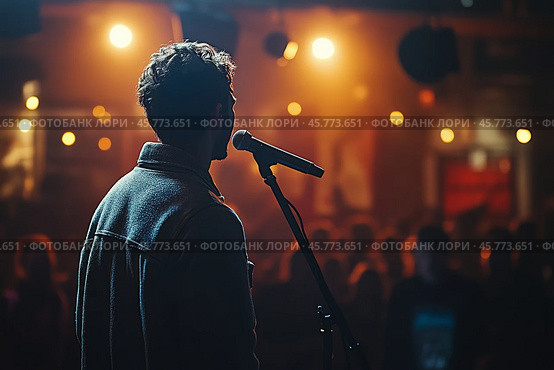 Performer stands near microphone under colorful lights at evening event. Стоковое AI-изображение, AI-художник Юлия Гапеенко / Фотобанк Лори