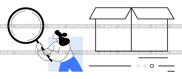 Person holding a large magnifying glass examining a big open box. Ideal for quality control, product inspection, search, analysis, curiosity, discovery, learning. Line metaphor. Evaluating a Large Box with Magnifying Glass by Cartoon Person, Simple Vector Graphic. Стоковая иллюстрация, агентство Ingram Publishing / Фотобанк Лори