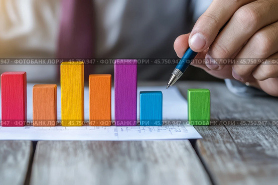 Person Holding a Pen Pointing Colorful Financial Charts, Analysis, Business Activities. Professional is Analyzing a Bar Graph, Data Trends, Report. Businessman Analyzing Document. Growth. Investment. Стоковое AI-изображение, AI-художник Марина Демидюк / Фотобанк Лори