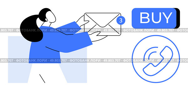 Person holding an envelope with three new messages, accompanied by a BUY button and a phone icon. Ideal for communication, online shopping, email marketing, notifications, customer support, sales. Person Holding Envelope with New Messages While Considering Communication and Purchase Options. Стоковая иллюстрация, агентство Ingram Publishing / Фотобанк Лори