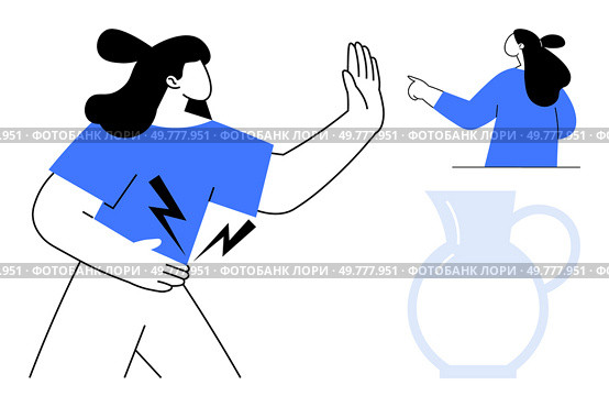 Person holding their back in pain and signaling stop gesture. Another person pointing to their right. Simple jug design. Ideal for healthcare, communication, pain, body language, design. Person Expressing Discomfort and Rejection, Person Discussing a Point, and a Simple Jug in Minimalistic Design. Стоковая иллюстрация, агентство Ingram Publishing / Фотобанк Лори