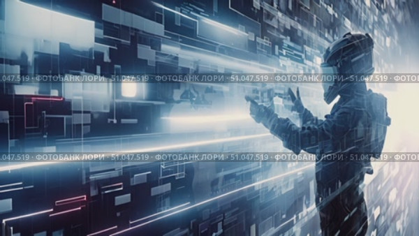 Person in advanced virtual reality equipment interacts with a holographic interface displaying digital data. Стоковое AI-видео, аниматор Данила Большаков / Фотобанк Лори