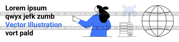 Person in blue pointing at wind turbine, juxtaposed with a globe. Ideal for tech, wind energy, sustainability, minimalist designs, web design, online education, and environmental campaigns. Banner. Tech Enthusiast Pointing at Wind Turbine Near Globe in Minimalistic Banner Design. Стоковая иллюстрация, агентство Ingram Publishing / Фотобанк Лори