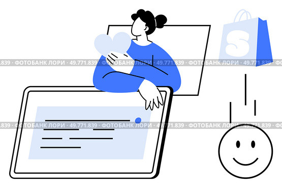 Person interacting with a large tablet holding a heart shape and a shopping bag. Ideal for themes of online shopping, digital transactions, customer satisfaction, e-commerce, and technology. Online Shopping Enthusiast Embracing Digital Experience While Enjoying Online Purchase. Стоковая иллюстрация, агентство Ingram Publishing / Фотобанк Лори