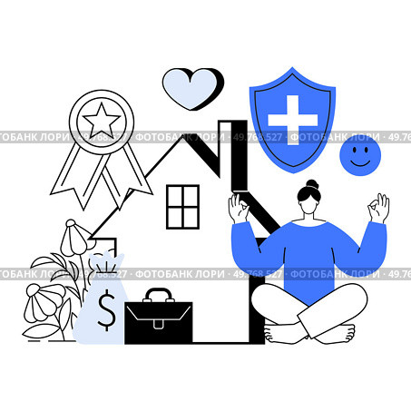 Person meditating in front of a house, surrounded by icons of health, money, achievement, and happiness. Ideal for health, wealth, wellness, home life, mindfulness. Minimalist, clean, modern. Health, Wealth, and Wellness Finding Balance at Home. Стоковая иллюстрация, агентство Ingram Publishing / Фотобанк Лори