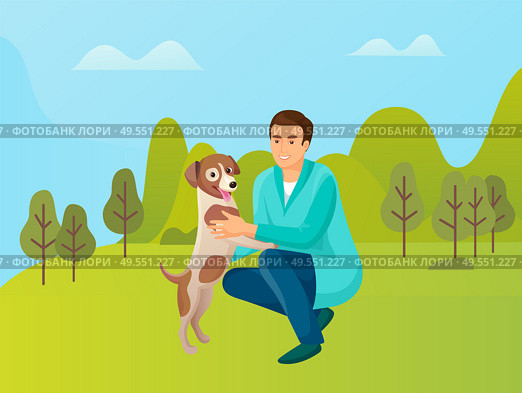 Person on weekend with pet vector, forest nature, park with trees and greenery of meadows. Male with domesticated canine, human and animal friendship. Man Playing with Pet, Male and Dog in Forest Park. Стоковая иллюстрация, агентство Ingram Publishing / Фотобанк Лори