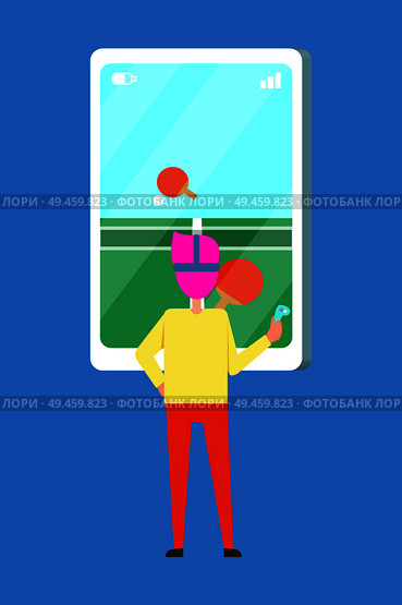 Person plays in table tennis in virtual reality glasses, man in headset playing ball with battledore vector illustration male back view and smartphone. Person Plays Table Tennis Virtual Reality Glasses. Стоковая иллюстрация, агентство Ingram Publishing / Фотобанк Лори
