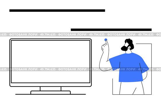 Person pointing at a large blank screen while holding a blue marker. Ideal for presentations, teaching, explaining, digital education, training, tutorials, corporate meetings, and strategy sessions. Person Explaining Concept on Blank Screen with Pointer and Simplified Design Elements. Стоковая иллюстрация, агентство Ingram Publishing / Фотобанк Лори