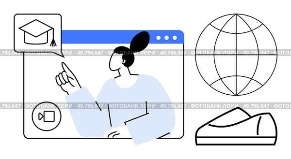 Person pointing in a video call window, graduation cap icon, globe, and book. Ideal for online learning, virtual classrooms, distance education, e-learning platforms, global education, remote. Online Education Concept with Person on Video Call, Graduation Cap Icon, Globe, and Book. Стоковая иллюстрация, агентство Ingram Publishing / Фотобанк Лори