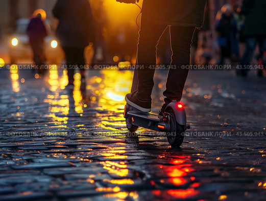 Person Riding Electric Scooter on Wet Cobblestone Street at Sunset. Стоковое AI-изображение, AI-художник Кирилл Черезов / Фотобанк Лори