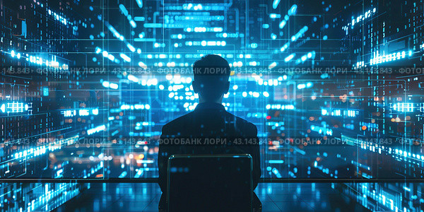 Person silhouette against glowing digital backdrop. Male standing on a flow of data showing cyber threats, vulnerabilities. VR environment screens displaying coding. AI Artificial Intelligence concept. Стоковое AI-изображение, AI-художник Марина Демидюк / Фотобанк Лори