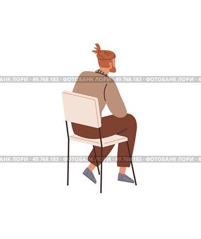 Person sits on a chair with their back turned, dressed casually in brown pants, a beige sweater, and gray shoes. Ideal for illustrations about contemplation, relaxation, waiting, casual fashion, and. Person Sitting on Chair and Looking Away with Casual Attire. Стоковая иллюстрация, агентство Ingram Publishing / Фотобанк Лори